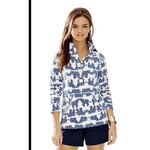 Lilly‎ Pulitzer Captain Popover Pack Your Trunk Blue White Elephant Pullover XS